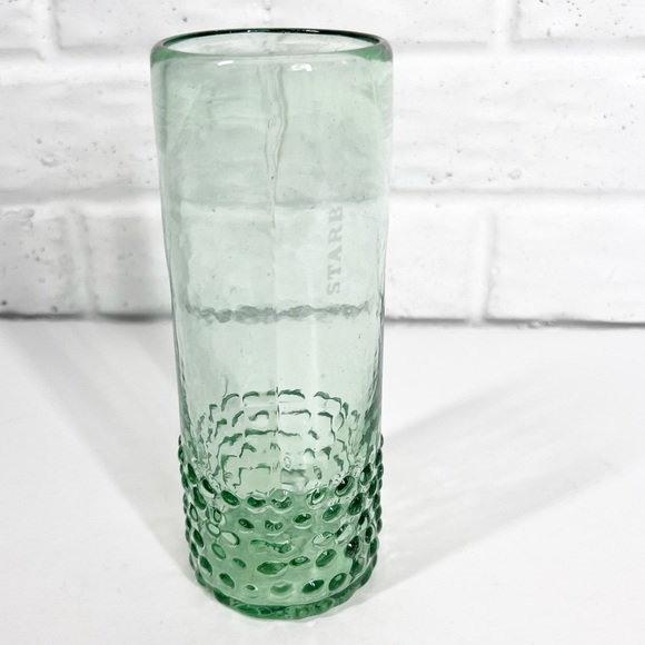 STARBUCKS Rare Limited Edition Handblown Green Glass 7" Tall Hobnail Tumbler - Picture 7 of 7